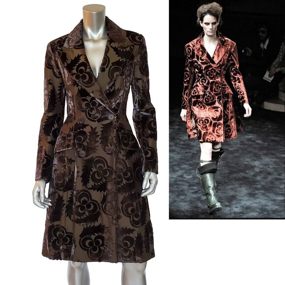PRADA COAT VELVET JACQUARD DOUBLE BREASTED LONG JACKET sz IT 40 US 4 - Picture 1 of 13